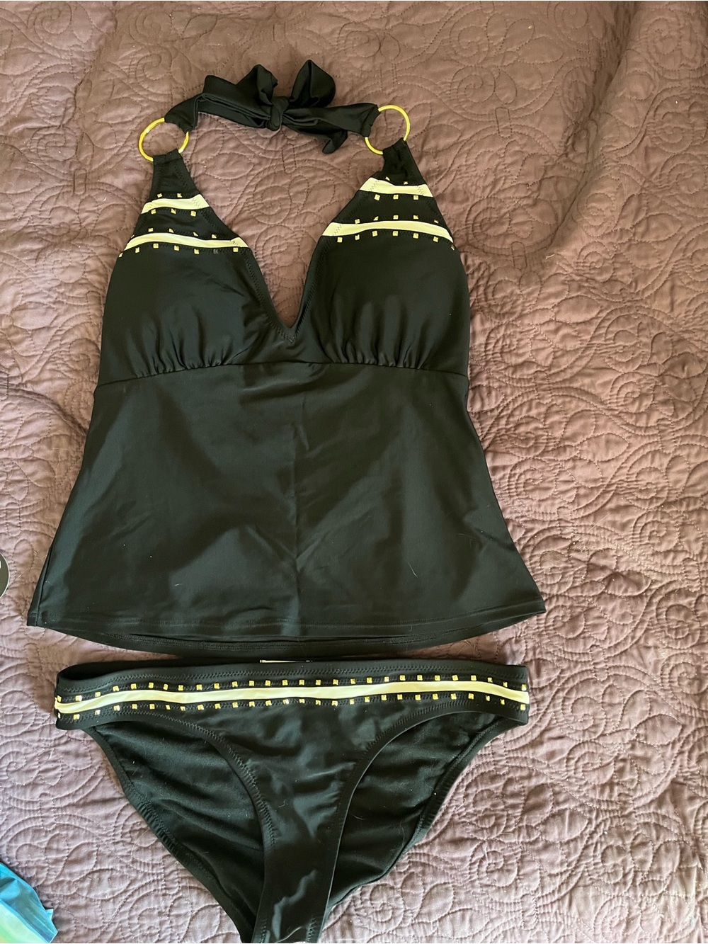 Jessica Simpson Black and cream Swim Tankini Set with gold studs
